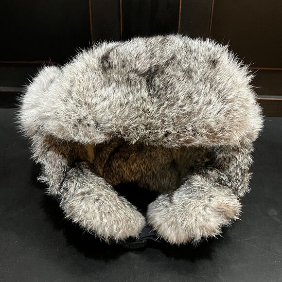 Black Supplex Bomber Trapper Hat w/100% Grey Rabbit Fur Trim 304BLK - Large - Picture 1 of 5